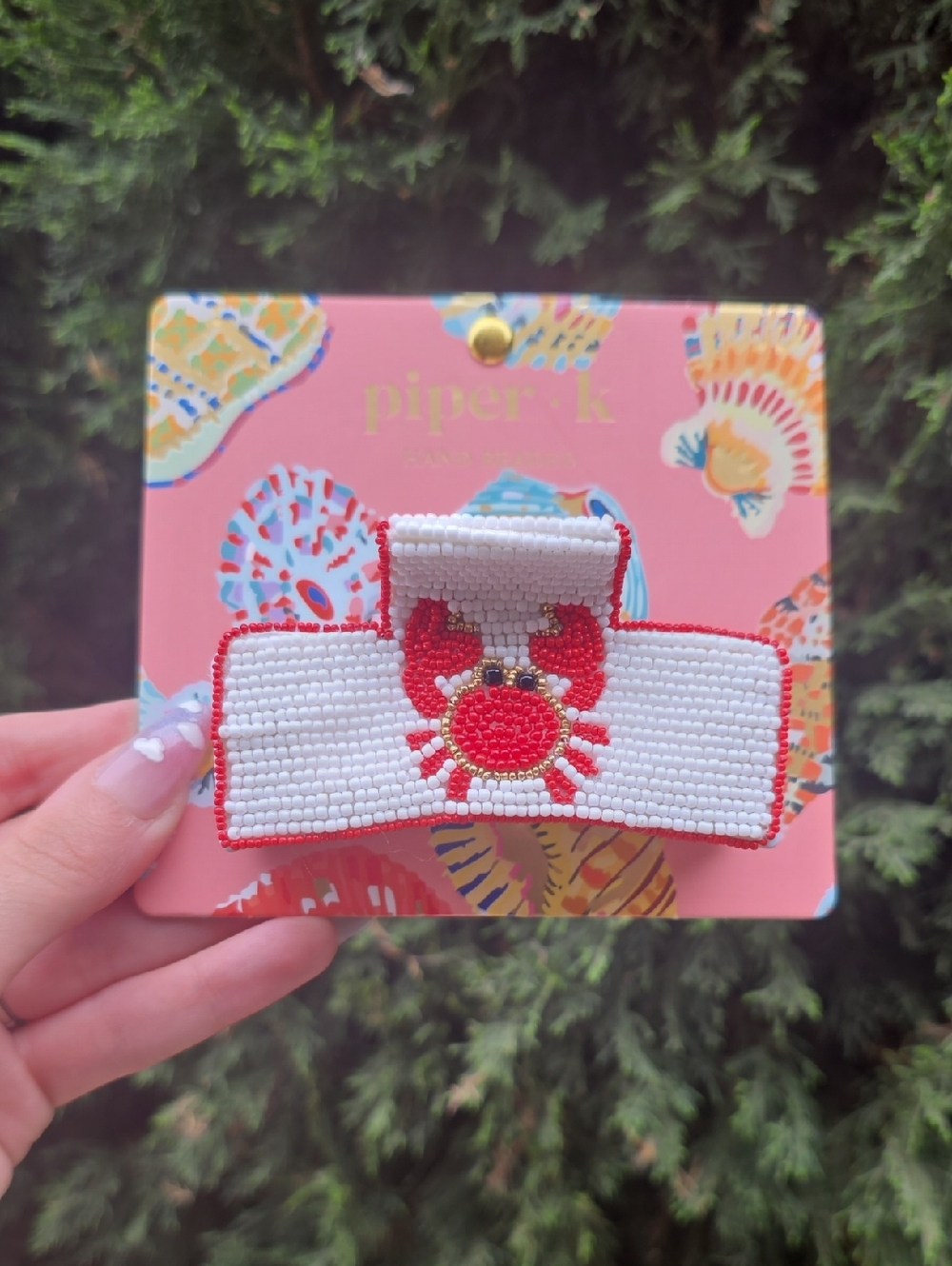 Piper K Beaded White & Red Crab Hair Clip
